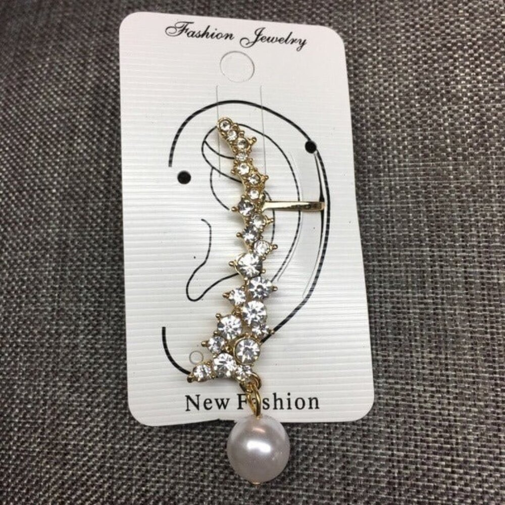 Ear Cuff Jewelry Gold Rhinestone Climber Dangle Pearl Earring Bling Glam 90s Y2K